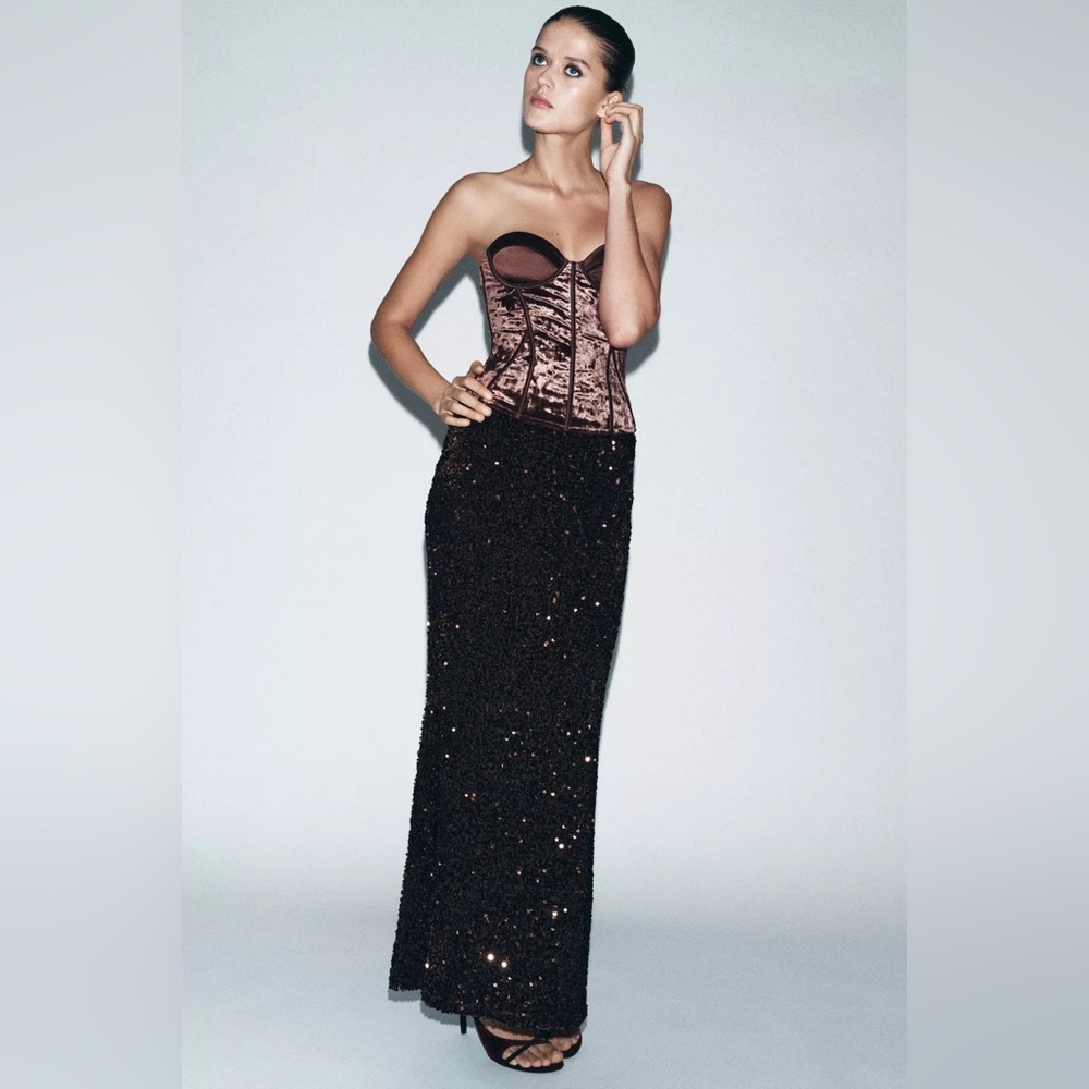 Zara Mid-rise long sequin brown skirt with back slit sz.S